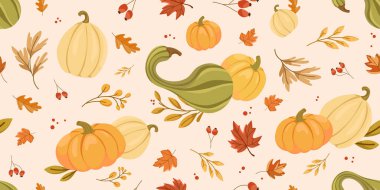 Hafif arka planda balkabakları, kabakları, yaprakları ve böğürtlenleri olan kusursuz sonbahar deseni mevsimsel ambalajlar, tekstil ürünleri, Şükran Günü dekorları, hasat temalı tasarımlar. Vektör ilüstrasyonu
