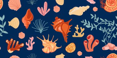 Deniz kabukları, koyu mavi arka planda canlı renkte mercan deniz bitkileri, yaz tekstil ürünleri, plaj ürünleri, ambalaj kağıtları, deniz tasarımları içeren kusursuz okyanus temalı desenler.