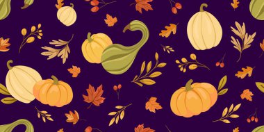 Düz mevsimlik tasarımda kabak, sukabağı, sonbahar yaprakları ve koyu arkaplandaki böğürtlenler ile Kusursuz Sonbahar Şablonu. Kabak ve Yapraklı Hasat Vektör Arkaplanı