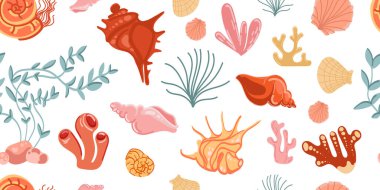 Okyanus temalı deniz kabukları, mercan desenli, ve düz elli sualtı bitkileri, beyaz arka planda çizilmiş. Düz Tasarımda tekrarlanan Tropikal Deniz Yaşam Şablonu. Vektör illüstrasyonu