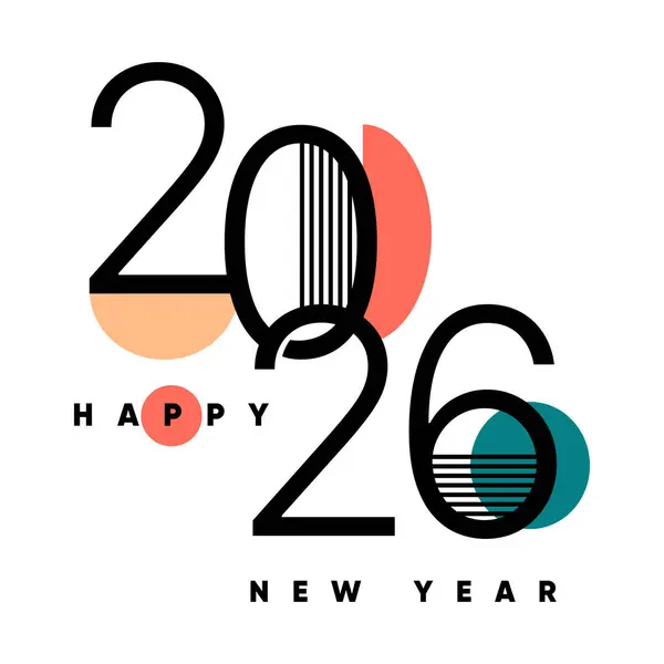Cesur sayılar ve minimalist vektör tarzında soyut geometrik şekillerle modern Mutlu Yıllar 2026 tipografisi. Retro Geometrik Biçimli Minimalist Mutlu 2026 Typography