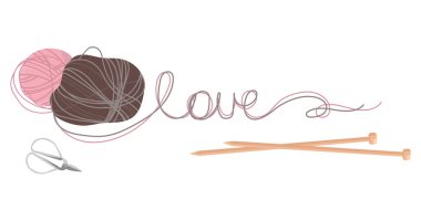 Birbirine dolanmış ipliklerle örgü iğneleriyle birlikte aşk kelimesini oluşturan iplik yumakları. Tasarım öğeleri el işi blogları, örgü dersleri, el yapımı mağazalar, yaratıcı sosyal medya ve DIY projesi. Vektör 