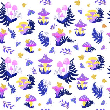 Fantezi Ormanı Mantar Modeli. Renkli mantarlı pürüzsüz orman deseni eğreltiotu üzümleri ve güveleri düz botanik tarzında bırakır. Duvar kağıtlarını saran kumaş baskılar. Vektör
