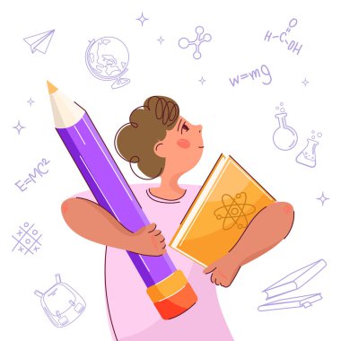 Eğitim Sembolleri ve eğitim malzemeleri sunumları için okul malzemeleri ile çevrili Okul Çocuk Tutma Kitabı ve Kalem ile Eğitim ve Öğrenme Kavramı. Vektör