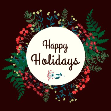Kış bitkilerinin böğürtlen ve yapraklarla dolu bayramlık mutlu bayramlar kartı. Noel kartları için davetiye posterleri ve mevsimlik tasarımlar için mükemmel bir botanik çelenk. Vektör