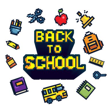 Okul otobüsü, sırt çantası, kitaplar, kalemler, elma, çan ve kırtasiye ürünleri, posterler, dijital tasarımlar, web afişleri ile pikselli resim illüstrasyonuna geri dönelim. Vektör seti