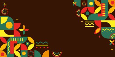 Kırmızı, sarı, yeşil ve kahverengi renkli kabile desenli Afrika geometrik sınır pankartı tasarımı davetiyeler, posterler, tebrik kartları, kültürel etkinlik, arka plan.