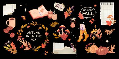 Balkabakları, yapraklar, mumlar, alıntılar, sıcak içecekler, kurabiyeler, mantarlar, sezonluk dekorasyonlar, davetiyeler, planlamacılar, posterler, sosyal medya çıkartmaları ile sıcak sonbahar zirvesi seti. Vektör illüstrasyonu