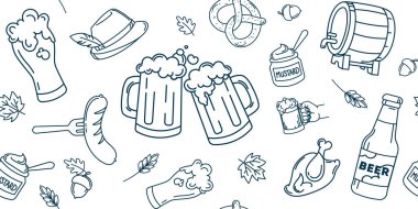 Oktoberfest Biralı, Simitli Kusursuz Desen. Bira bardakları, krakerler, sosisler, hardal, fıçılar ve sonbahar öğeleri, festival tasarımları, ambalaj ve ambalaj kağıdı. Vektör illüstrasyonu