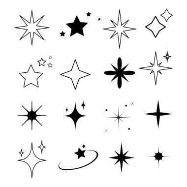 Minimalist Y2k Yıldızı ve Parlak Sembol Koleksiyonu. Siyah siluetler ve ana hatlı simgeler yıldız şekilleri, parıltılar, parıltılar, ışık patlamaları, dijital tasarım, çıkartmalar, logolar, web elementleri, yazılar. Vektör
