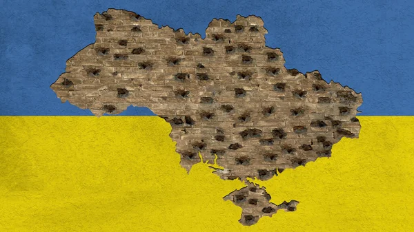 弾丸の穴のあるレンガの壁の形でウクライナの象徴的な地図 — ストック写真