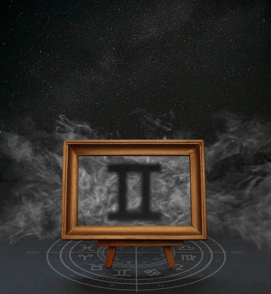 Absztrakt Kép Jel Zodiákus Gemini Háttér Csillagos Füst Egy Keretben — Stock Fotó