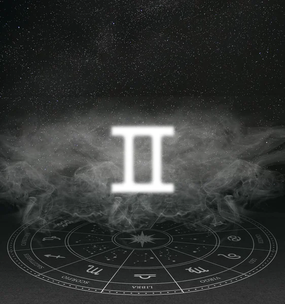 stock image Abstract image of the sign of the zodiac Gemini against the background of the starry sky and smoke