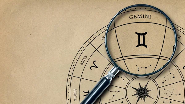Imprint Zodiac Sign Gemini Old Paper Enlarged Lens — Stock Photo, Image