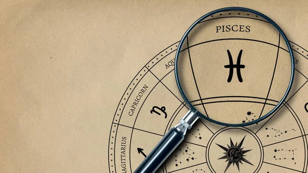 Imprint Zodiac Sign Pisces Old Paper Enlarged Lens — Stock Photo, Image