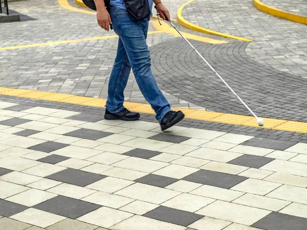 Visually Disabled Person Uses Road Safety Floor Sign People Disabilities — Stock Photo, Image