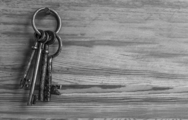 Antique keys on a metal ring hanging on a wooden wall