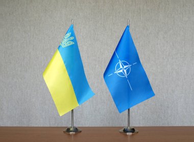 Gri arka planda Ukrayna ve NATO bayrakları