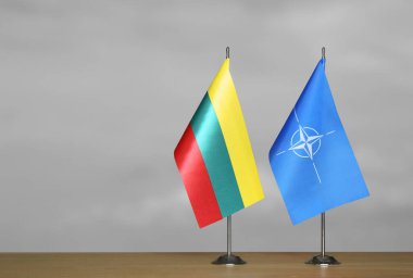 Gri arka planda Litvanya ve NATO bayrakları