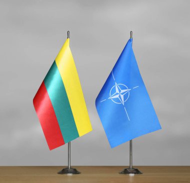 Gri arka planda Litvanya ve NATO bayrakları