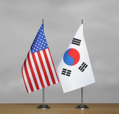 ABD ve Güney Kore 'nin masa üstü bayrakları gri bir arka planda