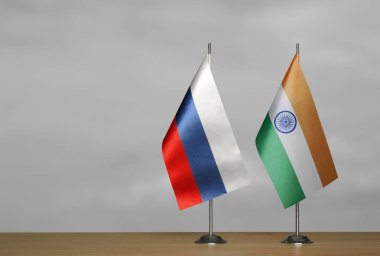 Gri arka planda Rusya ve Hindistan 'ın bayrakları bulanık