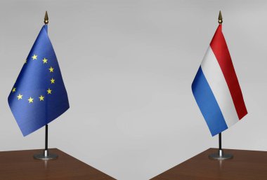 Avrupa Birliği ve Hollanda 'nın bayrakları gri arka planda duruyor