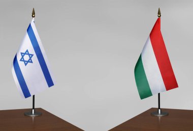 İsrail ve Macaristan 'ın bayrakları gri arka planda duruyor