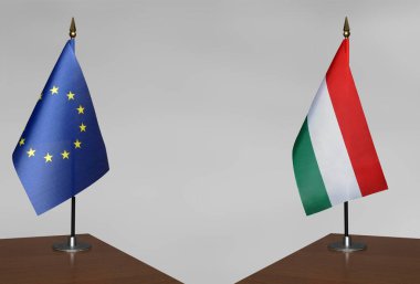Avrupa Birliği ve Macaristan 'ın bayrakları gri arka planda duruyor