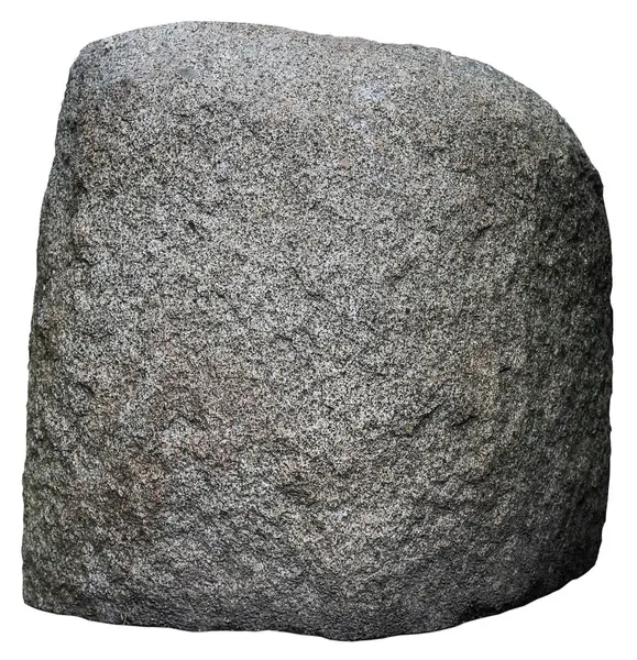 Beyaz arka planda yuvarlak kenarları olan büyük gri bir taş. Bahçe dekorasyonu için büyük bir kaya taşı..