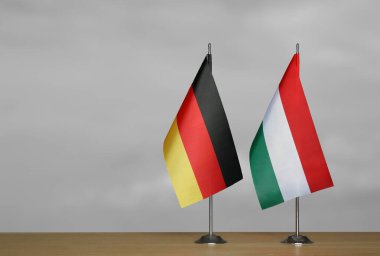 Almanya ve Macaristan 'ın bayrakları gri arka planda duruyor