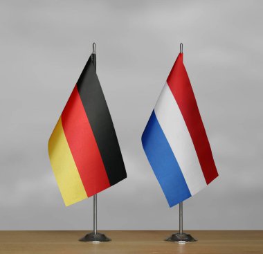 Almanya ve Hollanda 'nın bayrakları gri arka planda duruyor