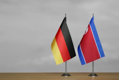 Almanya ve Kuzey Kore 'nin bayrakları gri arka planda duruyor