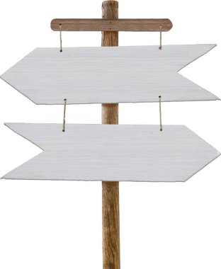 White wooden arrows are suspended from a rope on a wooden stand.
