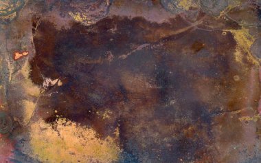 Web sitesi ya da mobil cihazlar için metin ya da resim için fotokopi alanı olan paslı paslı metal doku arkaplanı üzerinde bazı leke ve lekeler bulunan eski oksitlenmiş bakırın klasik dokusu.