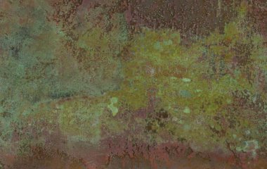  Soyut grunge arkaplanı. Oksit kaplı bakır plaka, bakır sülfat. Çizik ve çatlaklarla dolu eski metal bir doku. Metin veya resim için alanı olan paslı metal desen arkaplanı.