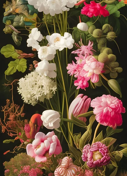 Klasyczny Styl Staromodny Malarstwo Botaniczne Mieszanymi Kolorowymi Liśćmi Róż Kwiatów — Zdjęcie stockowe