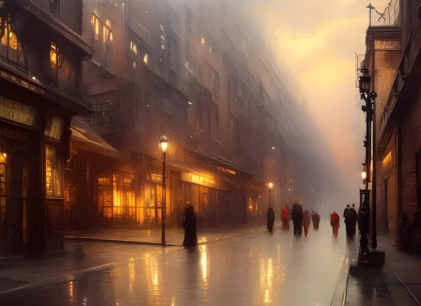 evening city street in the east end of london in the 19th century. romantic dickensian, atmospheric painting created in the style of atkinson grimshaw, generative ai illustration