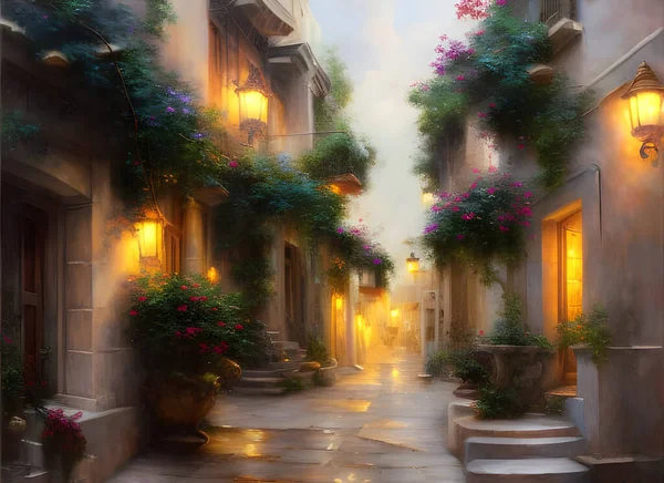 Painting Beautiful Old Street Traditional Houses Typical Old Fashioned Greek — Stock Photo, Image