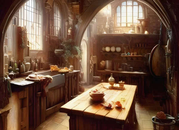 Pintura Atmosférica Una Antigua Cocina Salón Época Tudor Con Platos —  Fotos de Stock