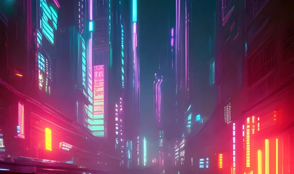 Camino Una Ciudad Estilo Cyberpunk Por Noche Con Rascacielos Iluminados — Foto de Stock