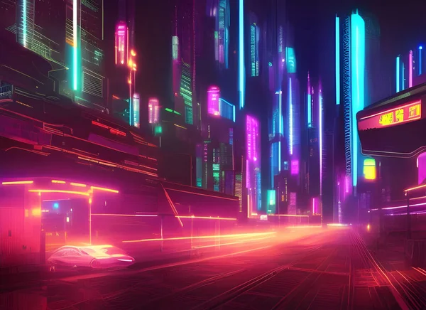 Väg Cyberpunk Stil Stad Natten Med Upplysta Skyskrapor Flytta Trafik Stockbild