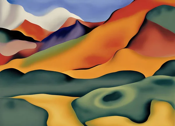 modern abstract mountain landscape painting in shades of red yellow and green with blue summer sky. generative ai illustration.
