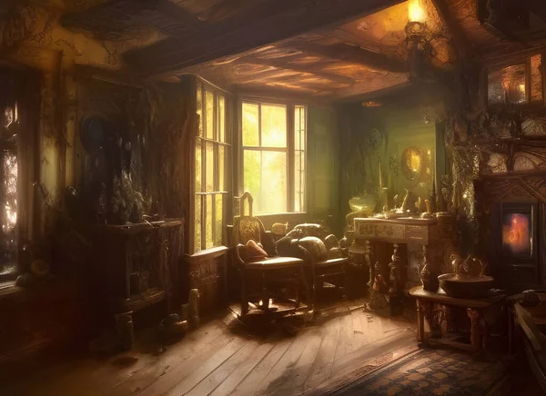 The interior of an old farmhouse cottage with wooden beams and rustic objects and furniture in morning sunlight. generative ai art