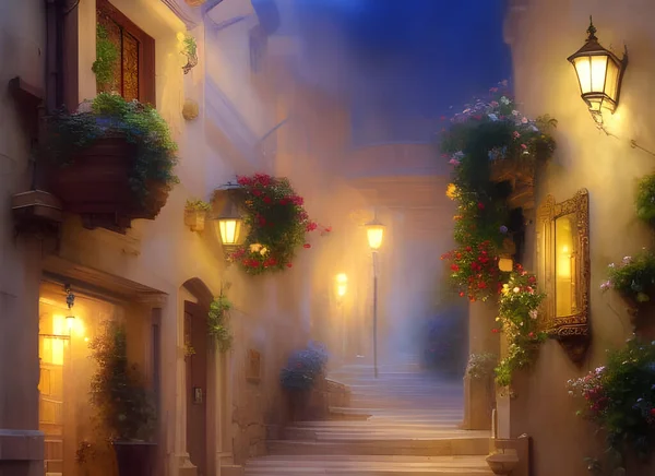Painting of a beautiful old street with white painted houses in a typical old-fashioned Greek town at night with glowing lamps and stone steps. generative ai illustration.