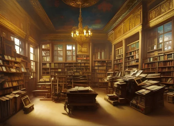 old-fashioned library in a big house with books charts and maps stacked on shelves and on desks illuminated by warm glowing lamps. generative ai illustration.