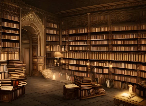 Παλιομοδίτικη Αίθουσα Βιβλιοθήκης Βιβλία Στοιβαγμένα Στα Ράφια Και Γραφεία Φωτισμένα Εικόνα Αρχείου