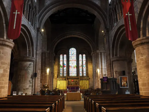 stock image Chester. Cheshire, United Kingdom - 20 March 2024 : The nave, chancel and stained glass windows in St John the Baptist's Church, Chester