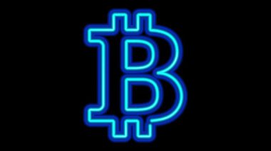 Bitcoin sembolü mavi, kırmızı, yeşil ve sarı renkli. Neon ışıkları ile yazılmış. Kıpırdayan Neon Lamba Efekti