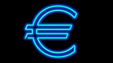 Mavi, Kırmızı, Yeşil ve Sarı Renkli Euro Sembolleri. Neon Işıklı. Kıpırdayan Neon Lamba Efekti.